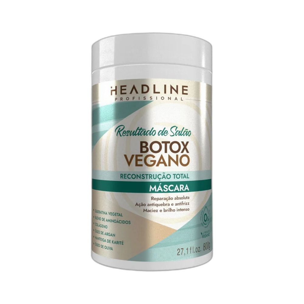 Máscara Capilar Headline Botox Vegano 800g em pote branco com detalhes verdes e dourados